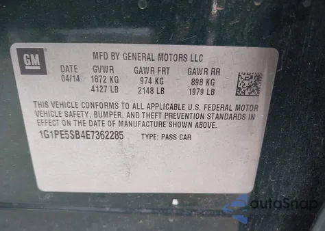 2014 Chevrolet Cruze 2Lt Auto from USA, damaged, VIN 1G1PE5SB4E7362285